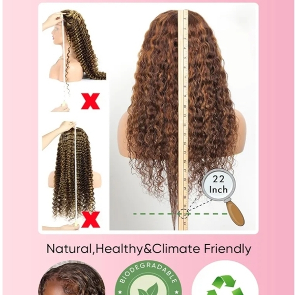 16" 100% Human Hair 13x6 Lace Front Wig Honey Brown Blonde Water Wave Curly - Picture 3 of 14